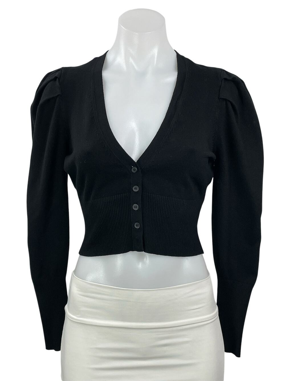 Danielle Bernstein Women Black Long Puff Sleeve V Neck Button Up Crop Top Size M